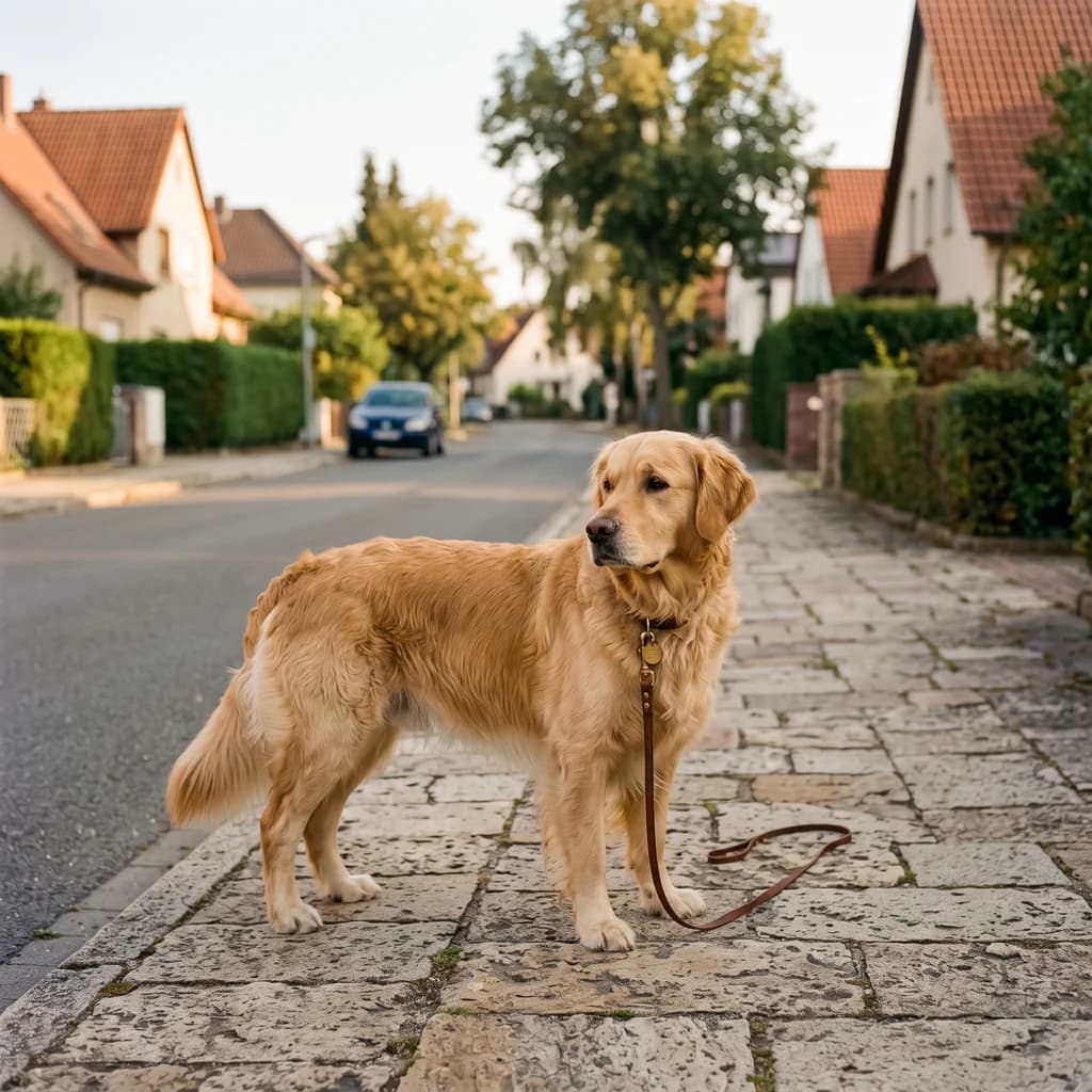 Golden retriever stojący samotnie na osiedlowej ulicy